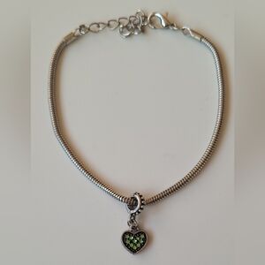 Snake Chain Charm Bracelet Green Rhinestone Heart Charm